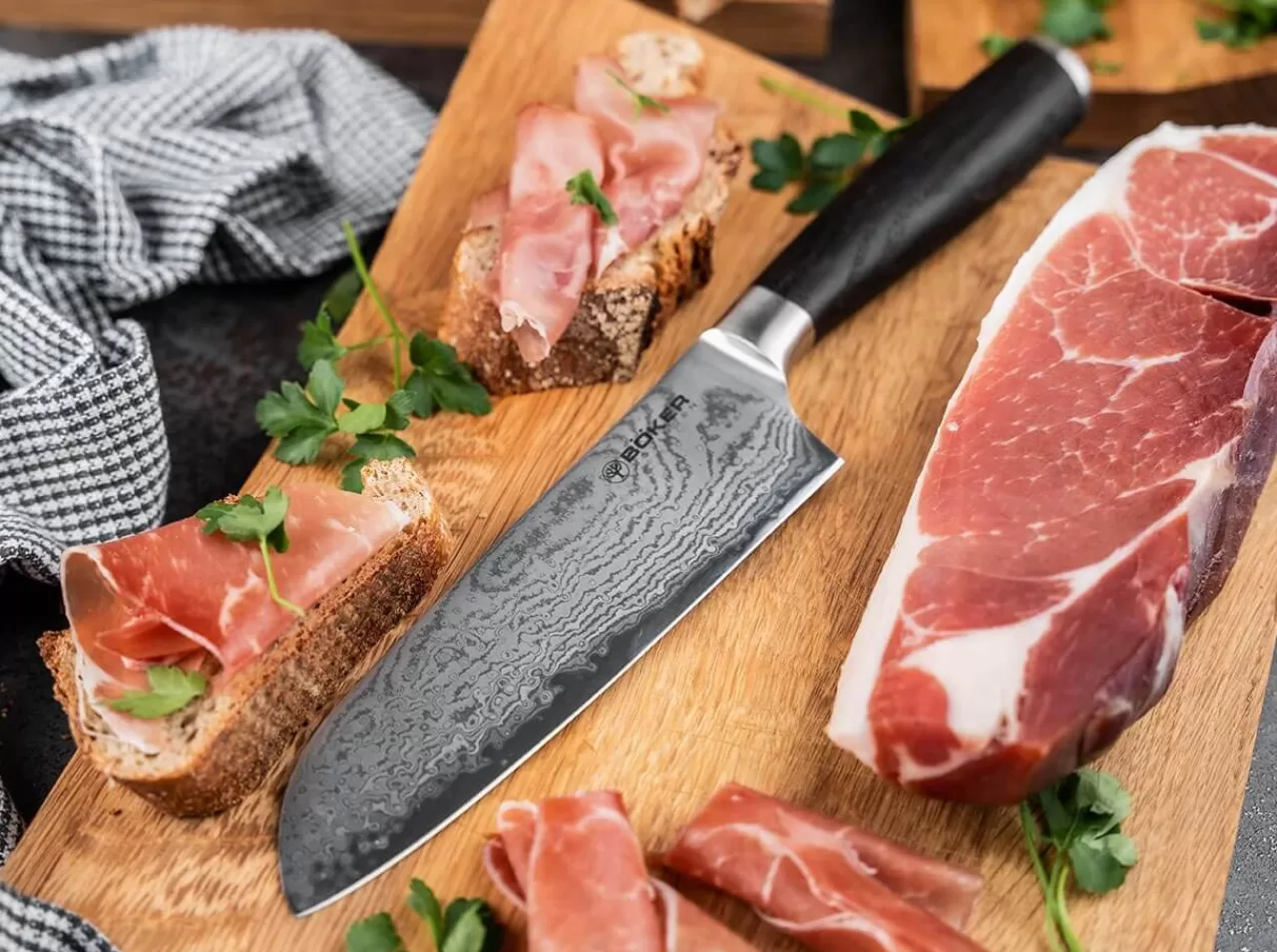 Böker Manufaktur Solingen Santokumesser<Meisterklinge Damast Santoku